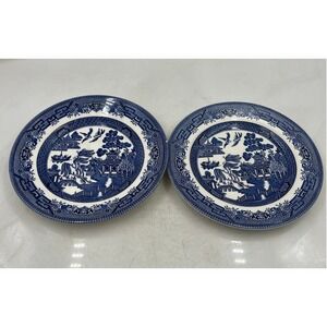 VTG Churchill Blue Willow Pattern Salad Plates England Chinoiserie 8" Set of 2